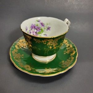 Aynsley Tea Cup & Saucer  Bone China Green Floral 2917 Made In  England